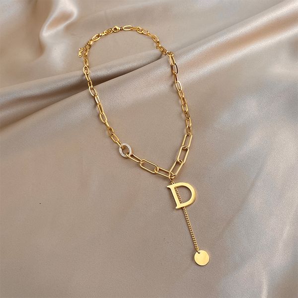 

xianlan490 titanium steel d pendant necklace female light luxury niche collarbone chain in the new tide long sweater chain accesso, Silver