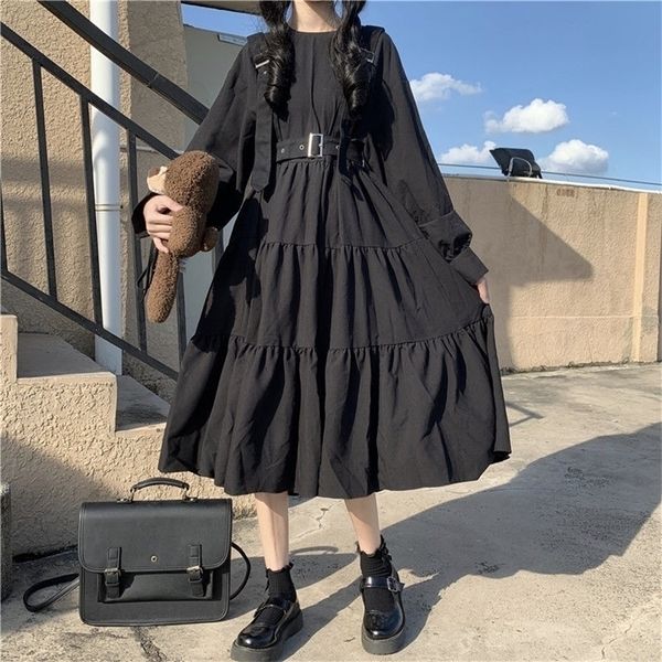 YBYR Giapponese Harajuku Donne Nero Midi Abito Stile Gotico Bretelle Vestito Dalla Fasciatura Vintage Increspature Lungo Baggy Costume Cosplay 220311