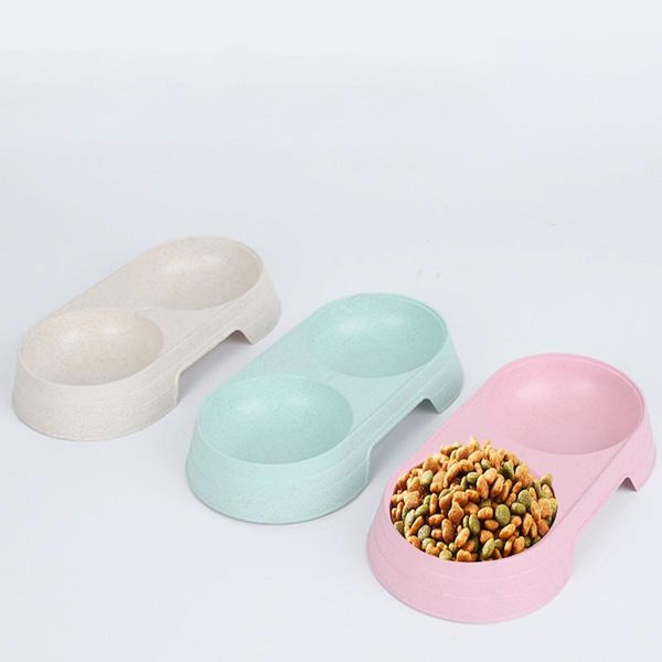 

dog bowls & feeders double pet bowl plastic 3 colors puppy cat container water drinking dish feeder pets feeding supplies drop