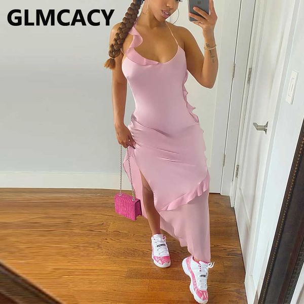 

summer halter ruffles slim solid maxi dress 210702, Black;gray