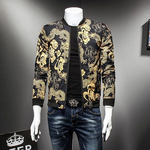 

men's jackets dragon gold print spring autumn jacket hip hop fashion prom party club outfit men vintage bomber oversize 5xl, Black;brown