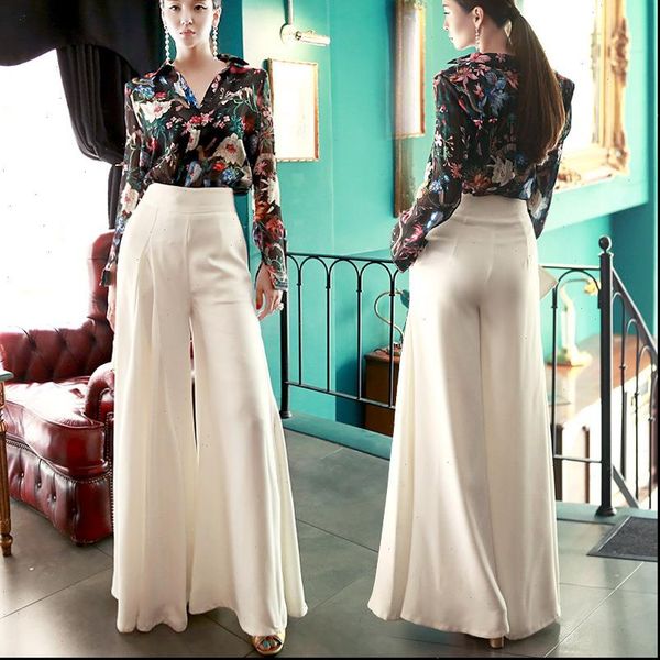 

2020 new womens baggy pants wide leg chiffon linen yarn high waist plus size flared pants white black beautiful loose trousers, Black;white