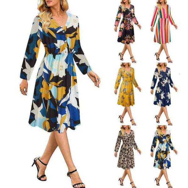 

casual dresses 2022 large women's skirt slim v-neck floral print, Black;gray
