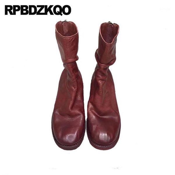 

boots celebrity wine red chunky autumn grey round toe 2021 mid calf shoes women short genuine leather1, Black