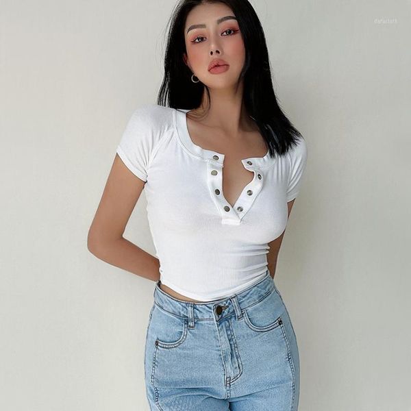 

women's t-shirt women raglan short sleeve button crop with curve hem, White