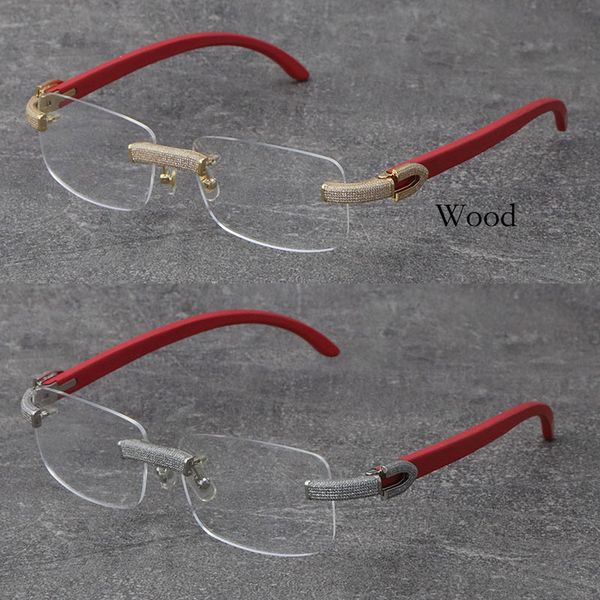 Venda Por Atacado Novo Molduras De Madeira Eyewear Rimless Micro-Paved Diamante Conjunto De Óculos Masculinos e Feminino 18k Quadro De Ouro Óculos Unisex Plank Óculos Tamanho: 57-18-140mm