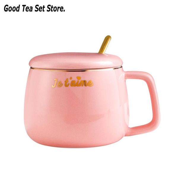 

cups & saucers cute pink ceramic coffee mugs with cover lid spoon porcelain handle milk tea girl student cup lovers teacup mug gift 250ml