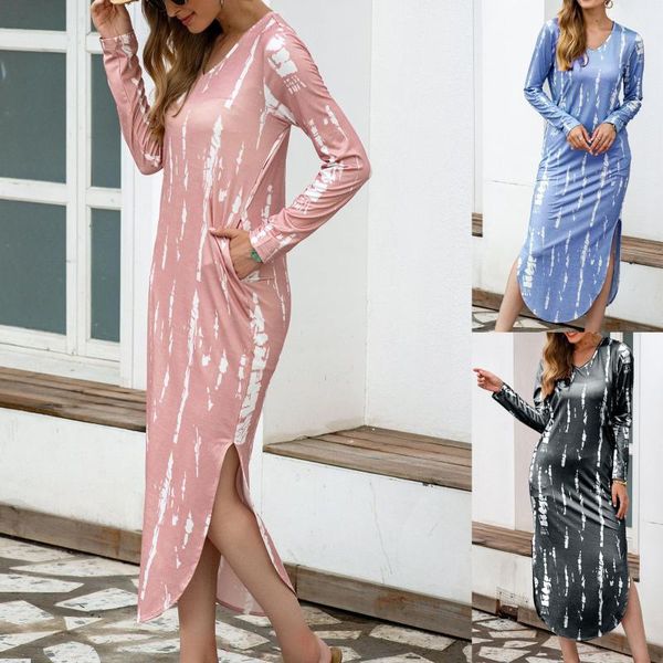 

casual dresses 2021 autumn european and american dress tie-dye v-neck slit, Black;gray