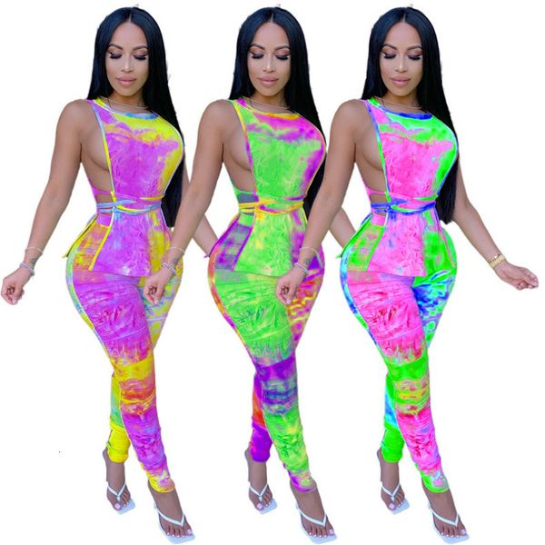 

2021 new contrast color printting sleeveless lace up round neck and pencil trousers women summer suit two piece set qw2n, Gray
