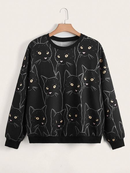 

plus cat print drop shoulder pullover 60fc#, Black
