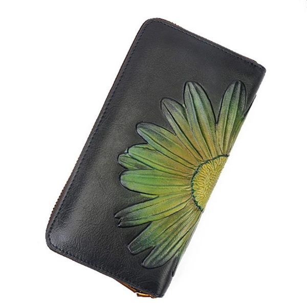 

wallets 2021 vintage women embossing big flower cowhide long purses clutch genuine leather wallet card holder, Red;black