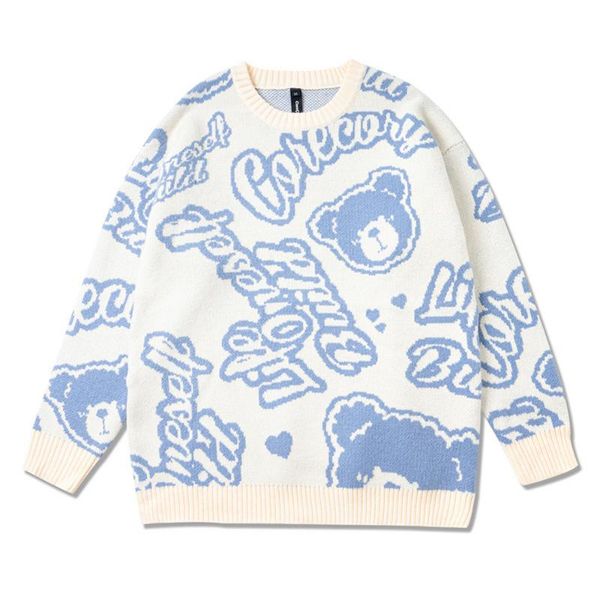 

men's sweaters sweater men harajuku fashion knitted hip hop streetwear bear cartoon letter pullover o-neck oversize casual couple male, White;black