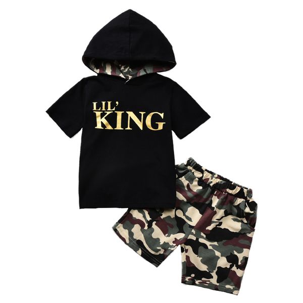 

1-5y summer kids boys clothes sets letter camouflage print short sleeve hooded t shirts +shorts 2pcs, White