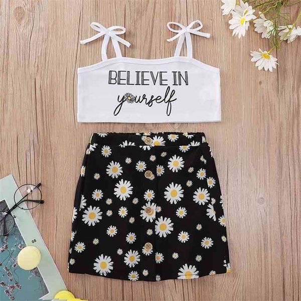 

summer children sets strap letter white print daisy single breasted skirt cute girls boys clothes set 3-10t 210629