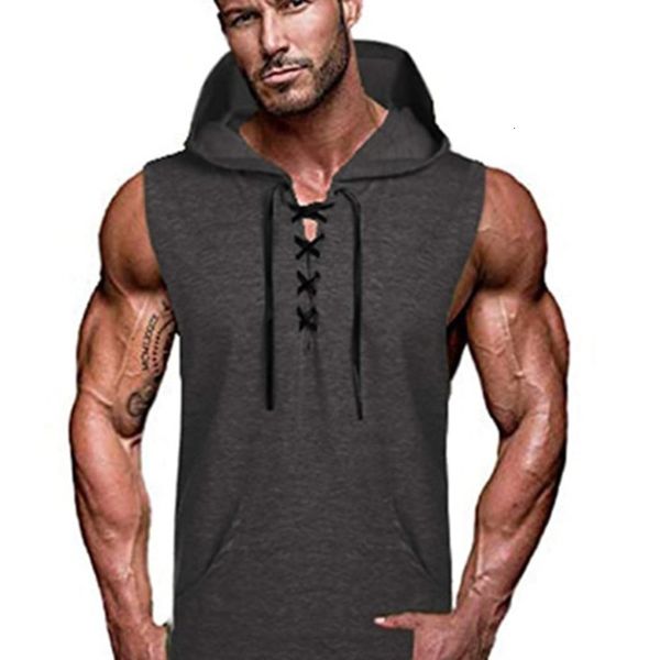 

casual hooded effen color lace-up mouwloos spier fitness pak sport vest men, Gray