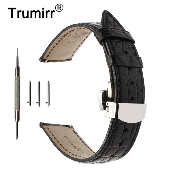 

watch bands genuine crocodile leather watchband 18mm 20mm 22mm quick release band steel butterfly buckle strap wrist belt bracelet, Black;brown