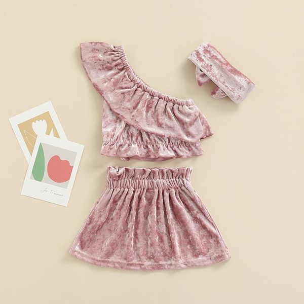 

clothing sets baby girls skirts set solid color velvet ruffled one-shoulder crop with elastic waist headband for daily, White