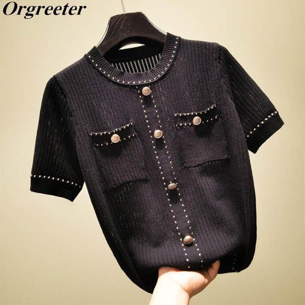 

women's sweaters temperament knitted female 2021 autumn metal buckle hollow short-sleeved pullovers sweater gold trim thin wild, White;black