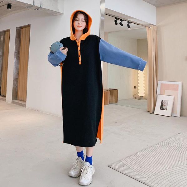 

women's hoodies & sweatshirts plus size sweatshirt dress women autumn street style fashion patchwork hit color split velvet long straig, Black