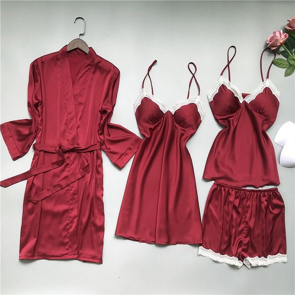 

spring womens 4pcs lace trim v-neck silk satin pajamas gown set cami nighties pijama nightwear nightdres, Black;red