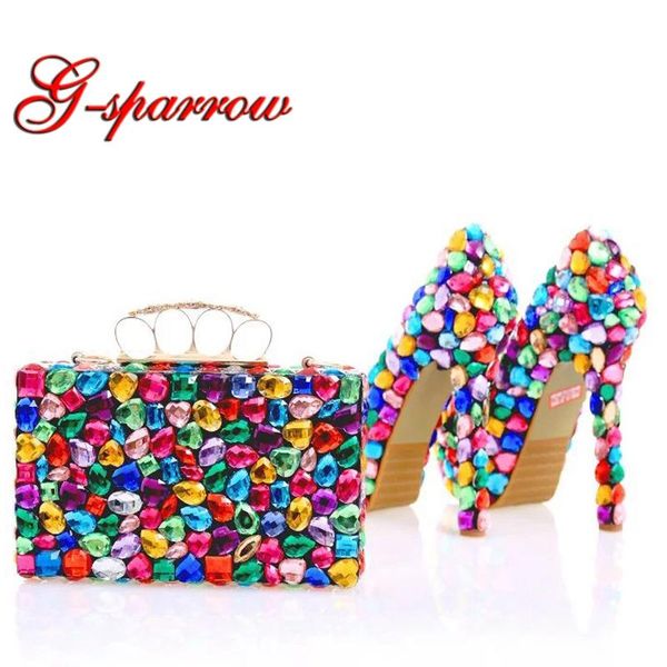 

dress shoes gorgeous design multicolor rhinestone wedding with matching bag women party prom high heels handmade crystal bridal pumps, Black