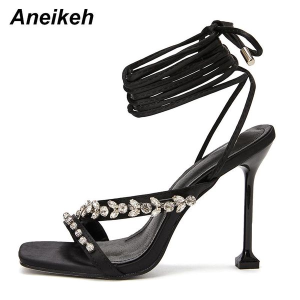 

sandals aneikeh women's shoes fashion crystal bling cross-tied retro pu patchwork head peep toe thin high heels 2021 summe, Black