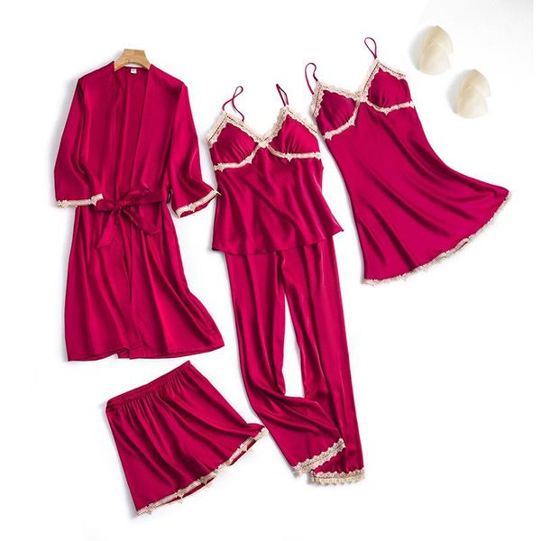 

women's sleepwear satin 5pcs robe set women loose sleep suit lace intimate lingerie nightwear kimono bathrobe gown negligee, Black;red
