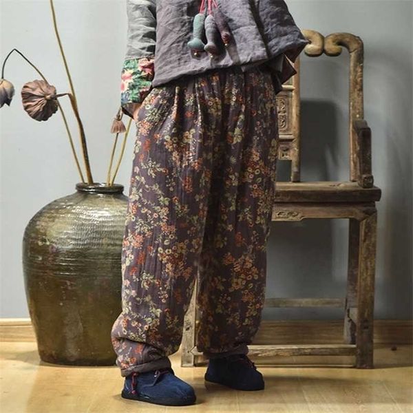 Johnature Mulheres Elásticas Cintura Floral Calças De Inverno Quente Vintage Calças Loose Feminina Largura Perna 211115