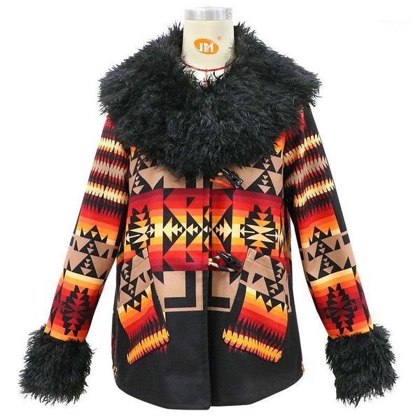 

autumn/winter retro totem printed personality coat mao long sleeve lapel wool ladies vintage fashion tyle women's & blends, Black