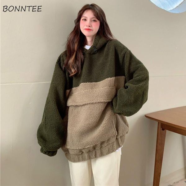 

women with hat hoodies plus velvet thicker casual loose patchwork all-match feminino sweatshirts winter front pocket ulzzang new, Black