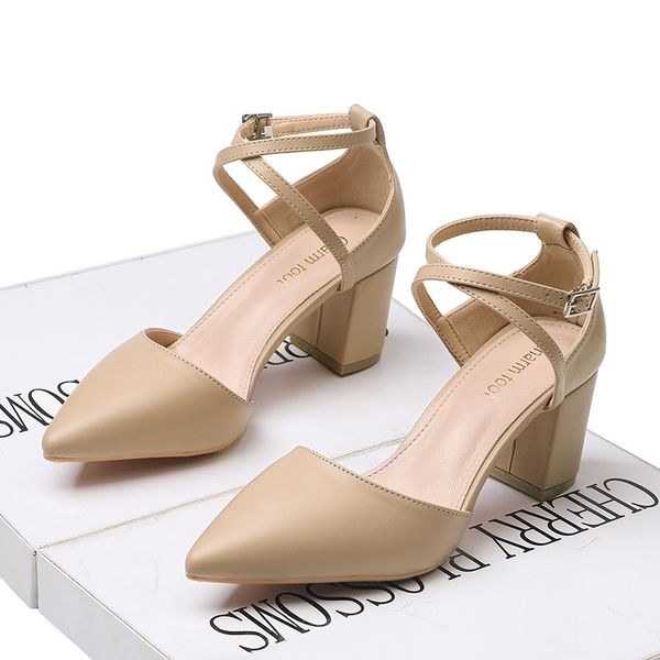 

2021 womens shoes summer pumps simple style cross strap pointed-toe colorblock hollow hollow-out chunky heel womens high heels, Black