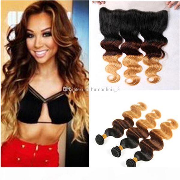 

body wave 1b 4 27 honey blonde human hair bundles with lace frontal closure dark roots hair wefts with lace frontal 13*4, Black;brown