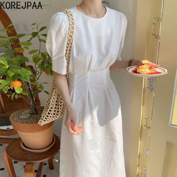 Korejpaa Abito donna Estate Temperamento minimalista coreano Girocollo Pieghettato Pizzo Tinta unita Manica a sbuffo Vestido 210526