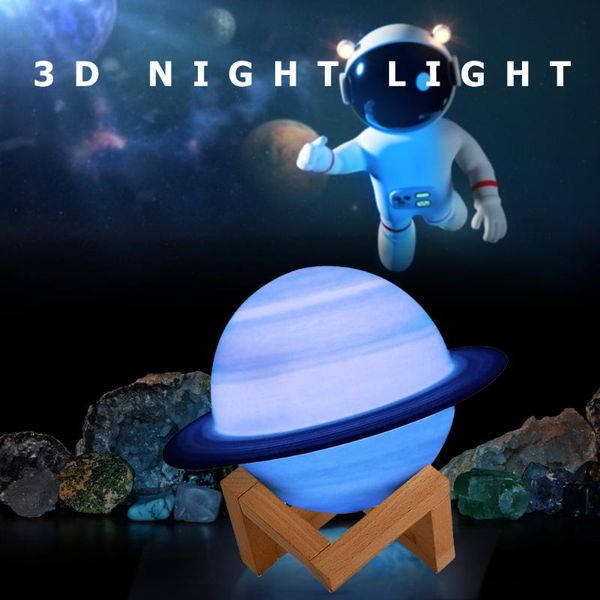 

night lights sleeping light bedroom bedside table lamp 3d print led living room decor saturn with remote controller