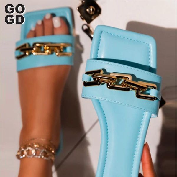 

[gogd]new ladies slippers 2021 summer slides fashion black metal chain decorated flat round toe women slides female beach shoes