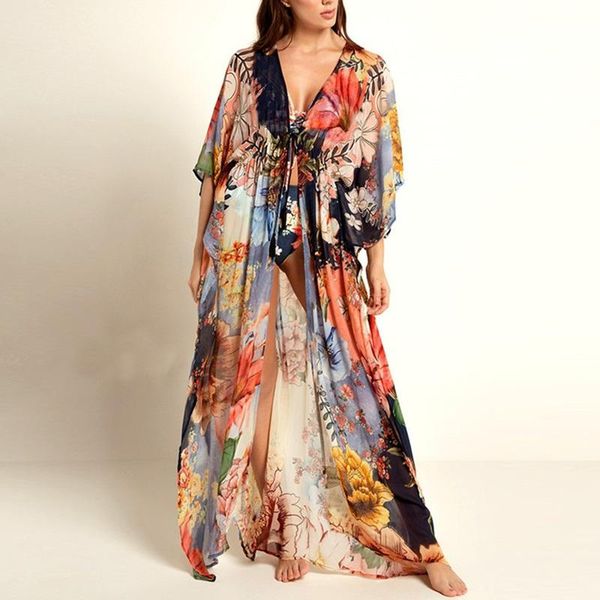 

women's swimwear [nodelay]2021 plus size women flower printed bikini cover up loose beachwear pareo beach dress sunscreen kaftan, White;black