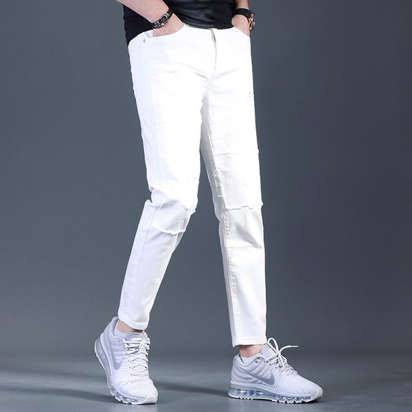 

white torn jeans 2021 casual summer cotton strain ankle length streetwear shredded denim pants fxcp, White;black
