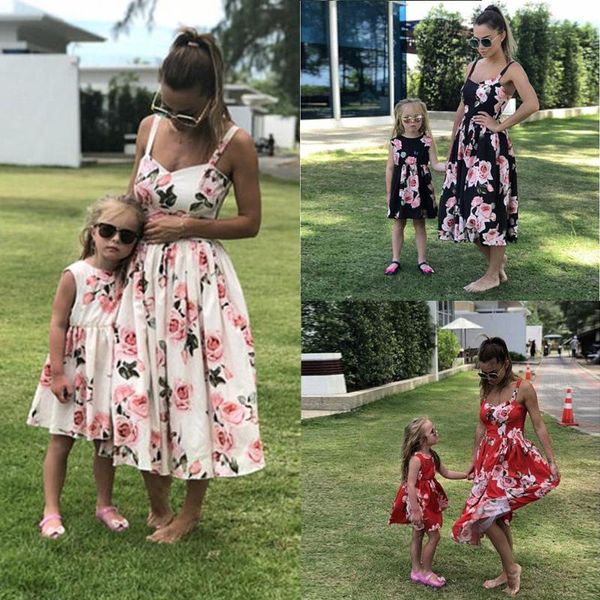 

casual dresses family look women matching mother and daughter clothes sleeveless floral dress for mommy me kids girls mom, Black;gray