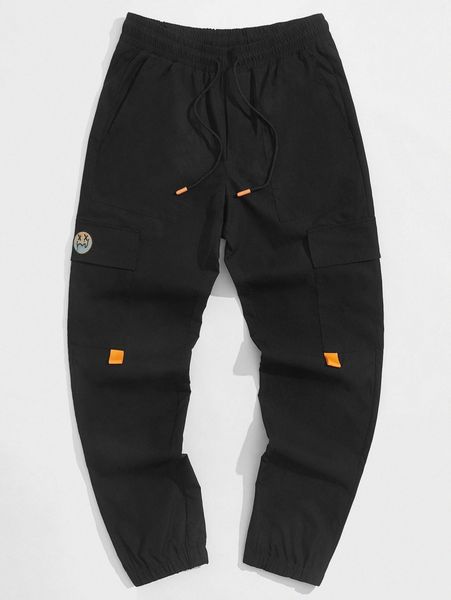 

men cartoon patch flap pocket cargo pants 072b#, Black