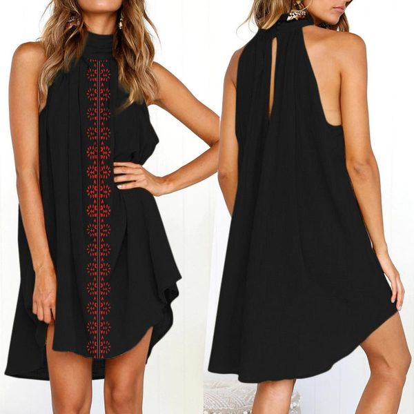 

casual dresses print vintage dress women loose sleeveless halter summer elegant slit kleider damen #g2, Black;gray