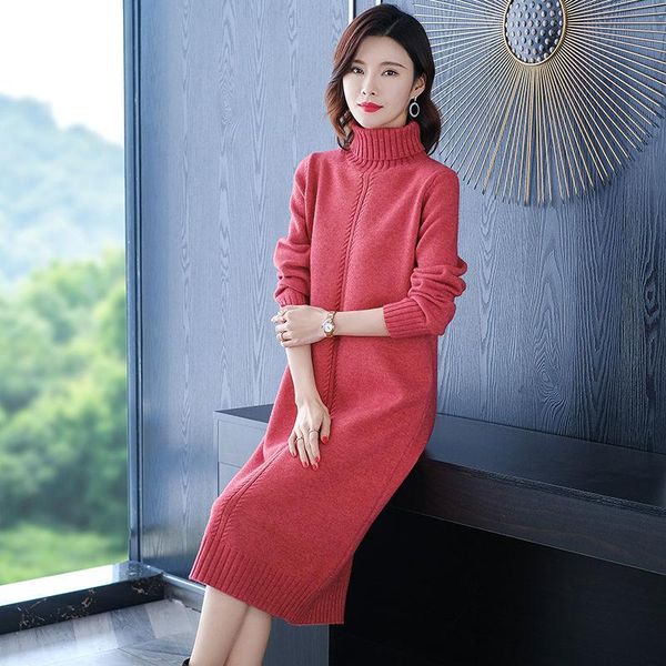 

casual dresses women 2021 autumn winter fashion knitted dress female vintage sweater lady elegant loose turtleneck vestido x403, Black;gray