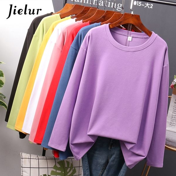 

jielur autumn new t shirt female pure color slim long sleeve women's t-shirts -4xl yellow white basic chic o-neck tee 210306