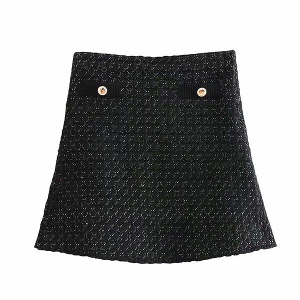 

skirts woman geometric pattern knitted mini skirt button pocket decorate elastic waist a line faldas mujer female retro wqz55847, Black
