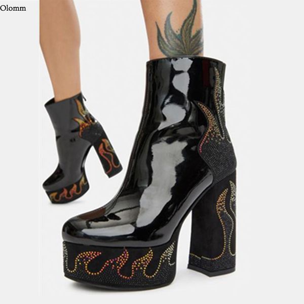 

rontic new stylish women winter ankle boots patent shiny crystal chunky heel round toe black party shoes women us size 5-9.5