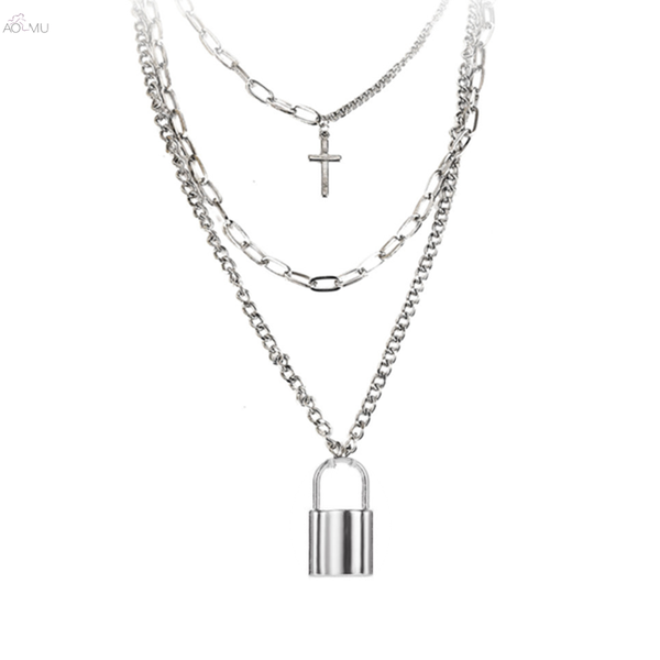 

pendant necklaces aomu 1set 2021 fashion multilayer hip hop lock necklace for women vintage metal silver color jewelry