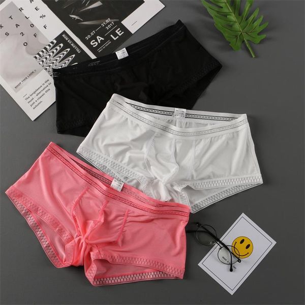 

underpants 3pc mens underwear boxers translucent ice silk panties large size men's shorts with print low-rise breathable, Black;white