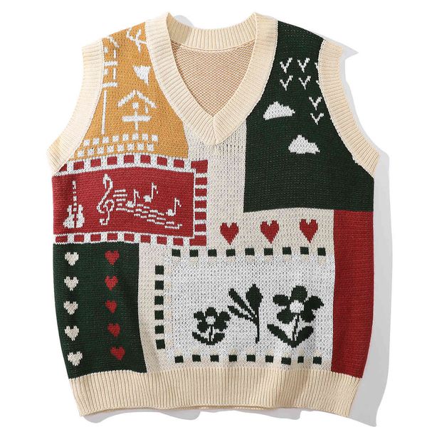 

men's sweaters loble streetwear pullovers harajuku block of colours musical note flower knitted or crocheted sweater vest with no sleev, White;black