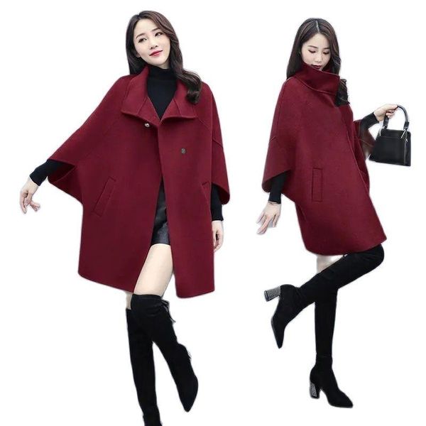 

women's wool & blends windbreakers coats spring autumn plus size medium long woolen bat sleeve female outerwear cloak ladies coat, Black