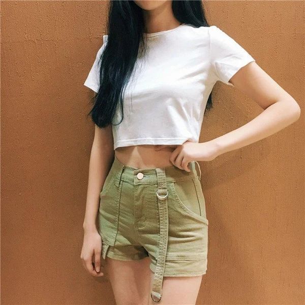 

women's shorts loose wide leg denim high waist hollow lace up hip lifting 2021 retro street fashion chic style aesthetic, White;black