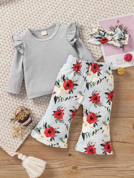 

baby ruffle trim tee & floral print flare leg pants with headband she, White